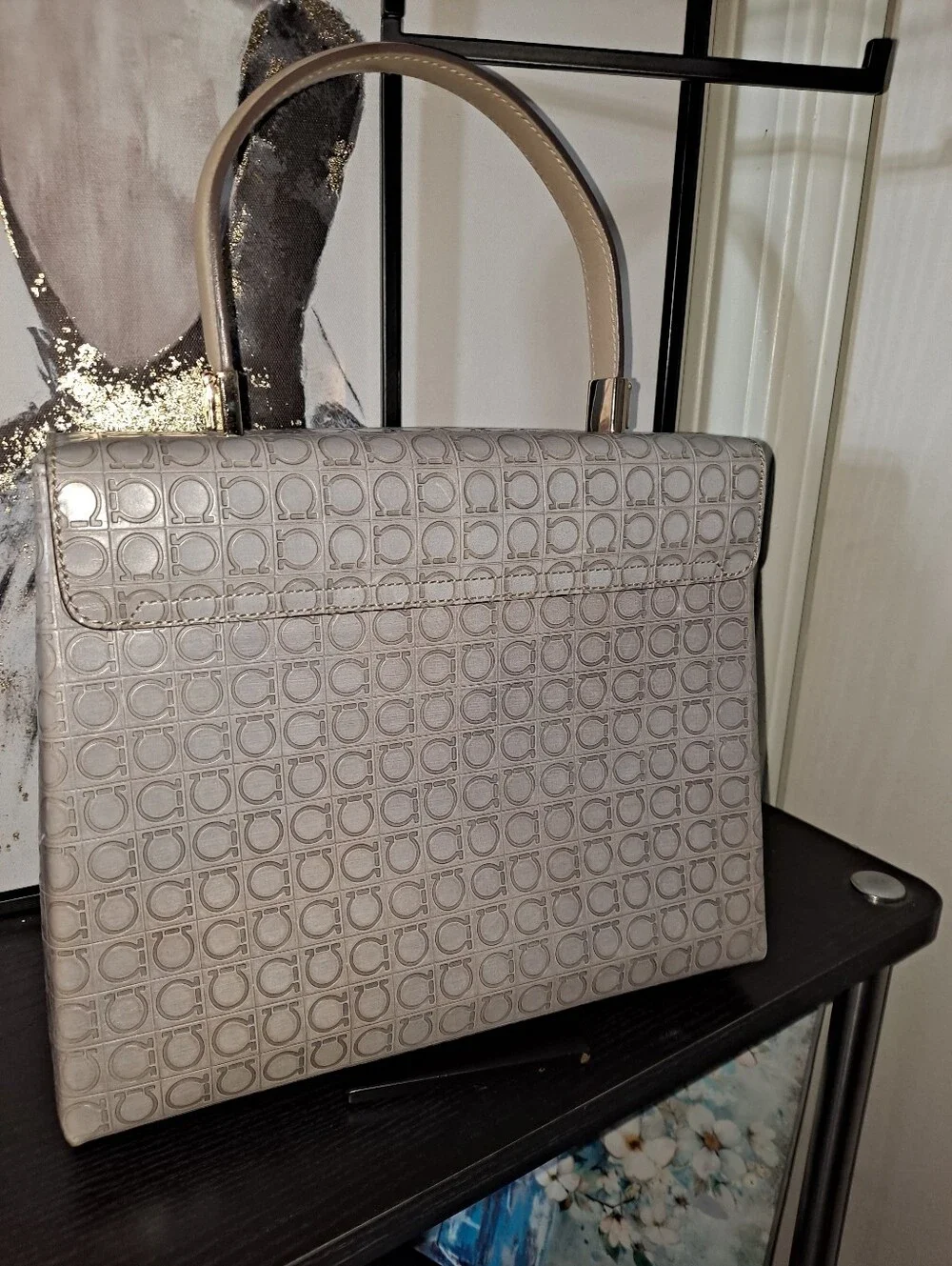 Salvatore Ferragamo Light Beige Gancini Monogram Top-Handle Satchel